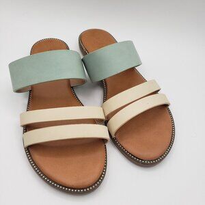 Amanda Blu Sandal Womens 39 Beige Green Strap Slide Leather Casual Flats Summer